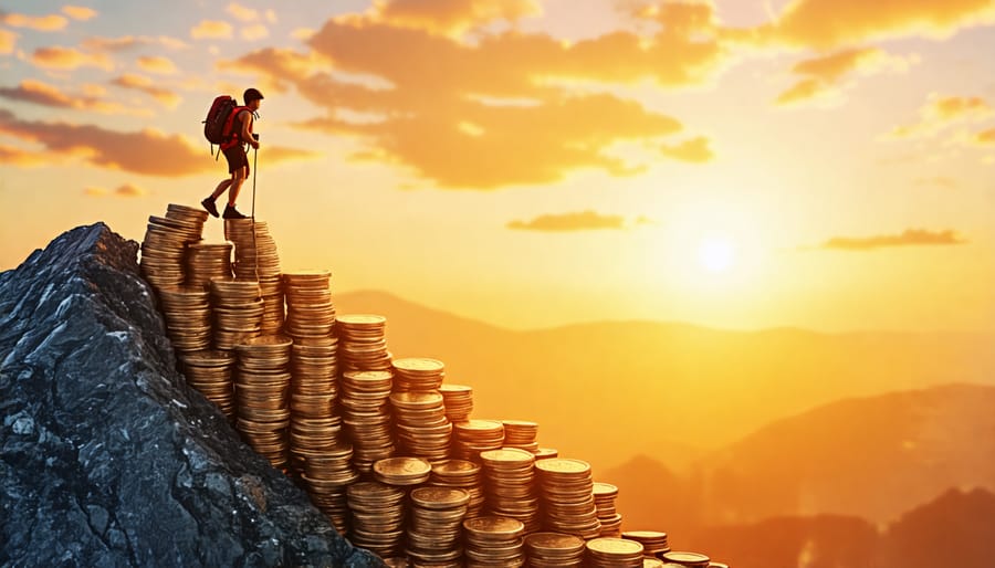 Conceptual illustration of a climber at the summit of a mountain made of coins, representing the triumph over debt and attainment of financial freedom.