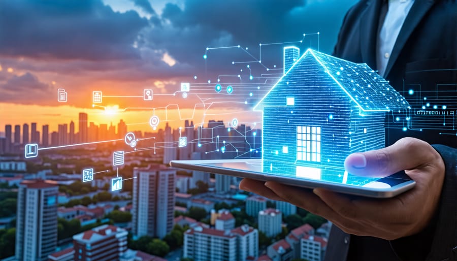 Conceptual image of a realtor with a tablet in front of a city skyline, representing the integration of AI technology into real estate.