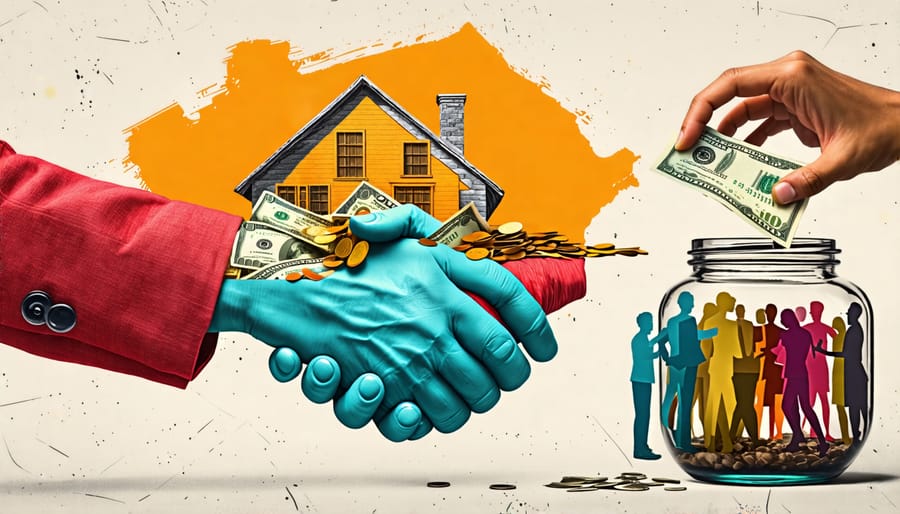 Creative depiction of various alternative financing options in real estate, featuring a house containing money, a diverse handshake contract, and a crowd funding a house-shaped jar.