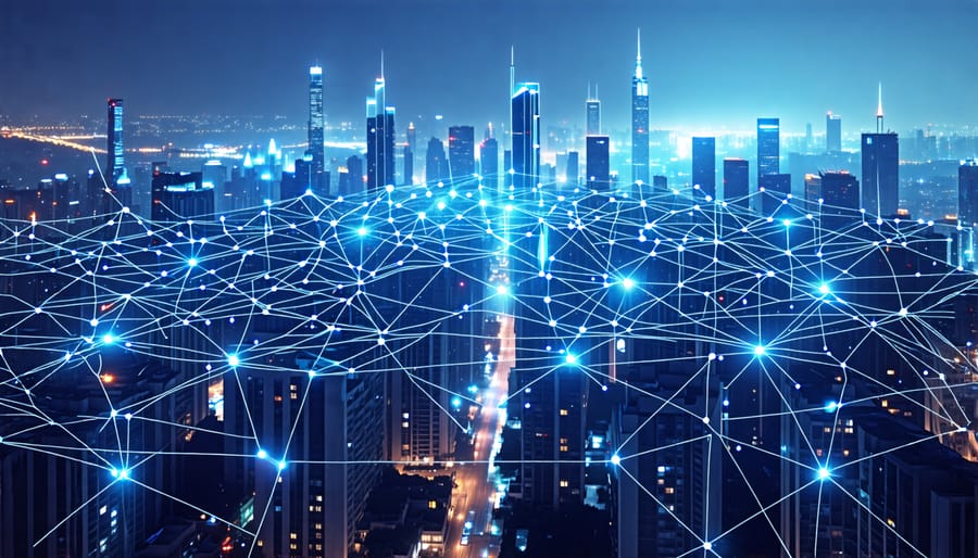Illustration of a futuristic cityscape with interconnected nodes representing a blockchain network securing real estate transactions.