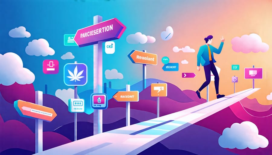 Conceptual illustration of a CBD merchant navigating a roadmap of payment processor options amidst clouds of regulatory uncertainty, with signposts highlighting key selection criteria.