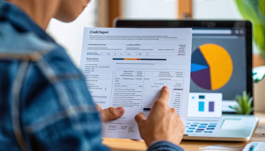 Individual checking credit score and report on a laptop