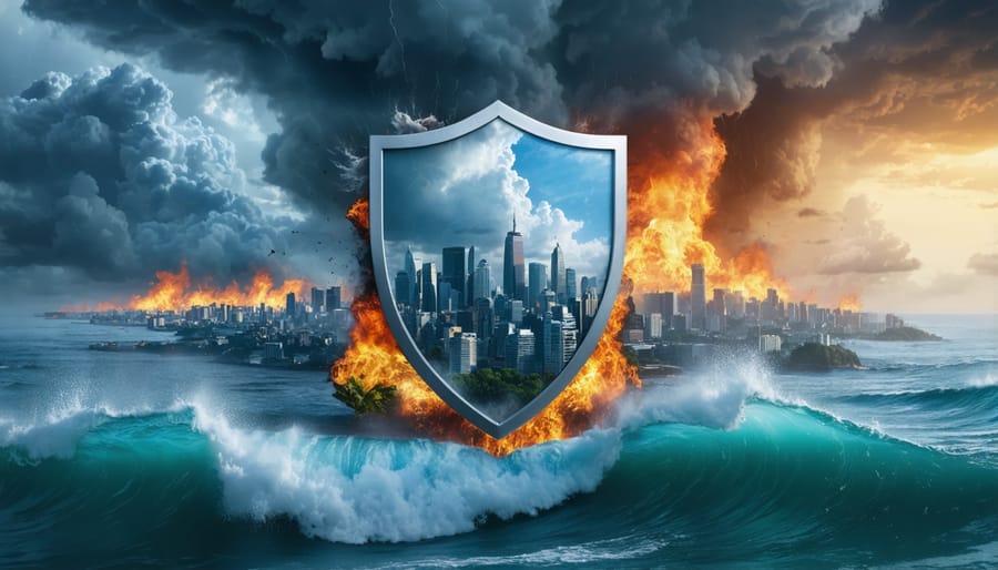 Illustration of a city protected by a shield symbolizing climate resilience, with storm clouds, fire, and waves representing climate threats.