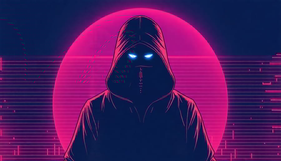 Conceptual illustration of a malicious hacker in shadows