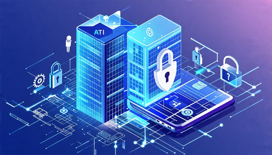 Illustration of a skyscraper enveloped in AI, blockchain, and digital symbols, symbolizing the integration of advanced technology in real estate insurance.