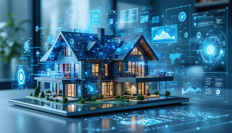 Conceptual image showing a digital transformation in real estate with a home being built from binary code, a blockchain backdrop, a VR headset displaying a 3D tour, and data analytics charts surrounding the property.