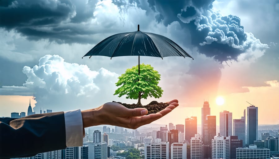 Conceptual image of a hand holding a growing tree with a city skyline protected by an umbrella from storm clouds, symbolizing property resilience through disaster preparedness grants.