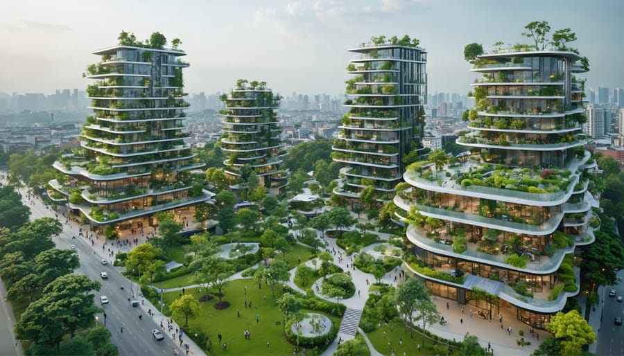 A modern cityscape featuring buildings with solar panels, green roofs, and urban parks, highlighting sustainable real estate development.