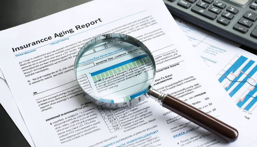 Conceptual illustration of a magnifying glass scrutinizing an insurance aging report with various financial elements in the background, representing the analysis of financial risks for property owners.