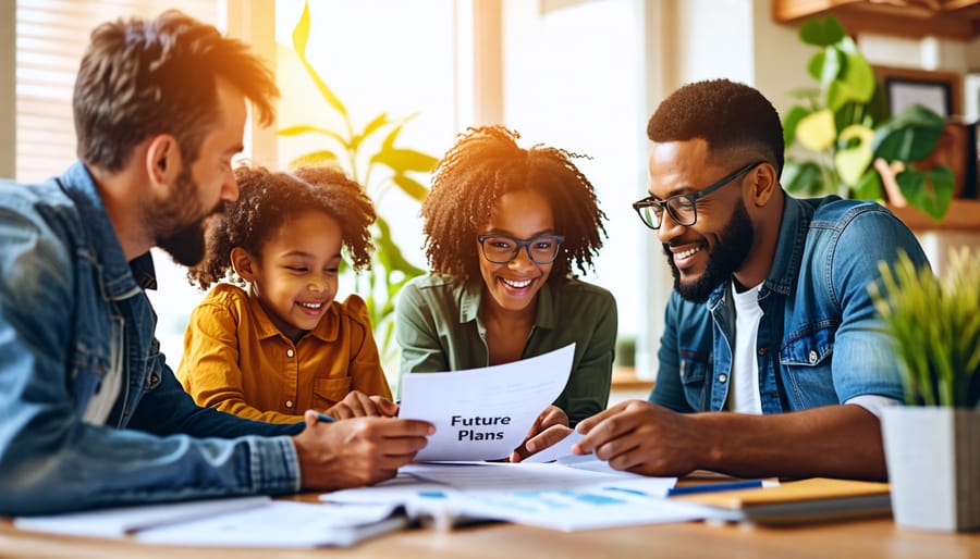 A family and financial advisor discussing strategies for investing an insurance payout to secure a brighter future.