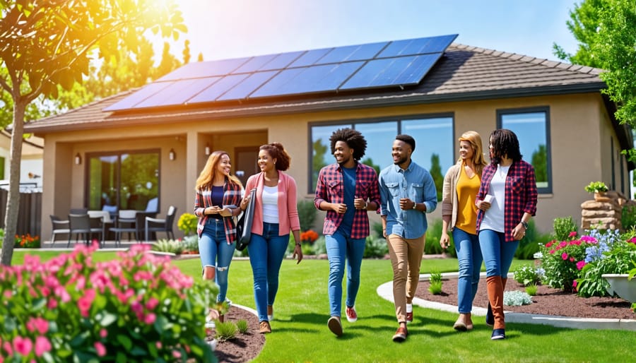 Diverse group of homebuyers looking at a well-maintained house with energy-efficient features, symbolizing success in meeting FHA sustainability standards.