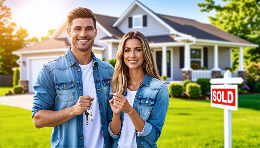 A young couple happily holding keys in front of their new home with a "Sold" sign on the lawn, symbolizing the achievement of purchasing their first house.