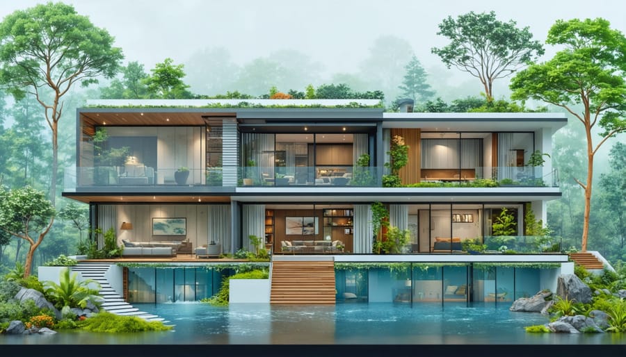 Conceptual illustration depicting a modern real estate property with integrated climate resilience features, including reinforced roofing and flood barriers, set in a natural environment demonstrating the property's preparedness for climate risks.