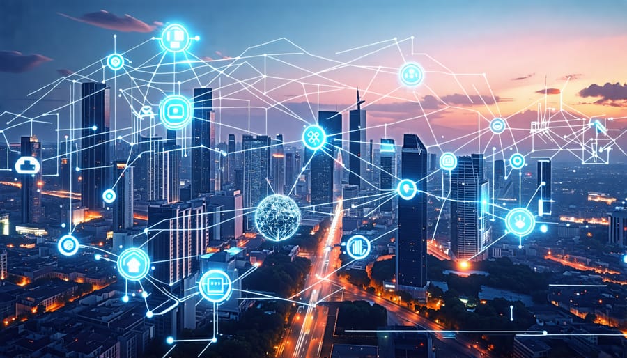 A digitally created futuristic cityscape illustrating modern real estate innovations like smart buildings, virtual reality showcases, and modular constructions, integrated with abstract visualizations representing data analytics and tokenized investments.