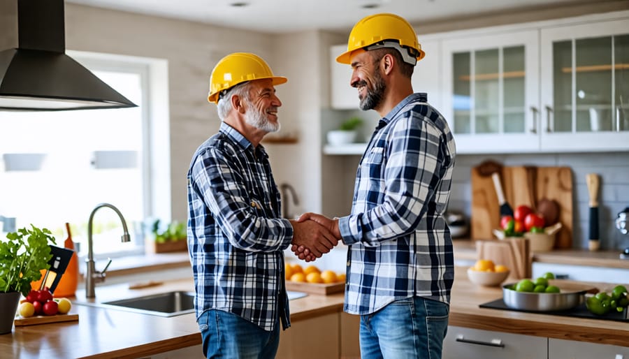 Homeowner and contractor agreeing on home renovation plans in a modern kitchen