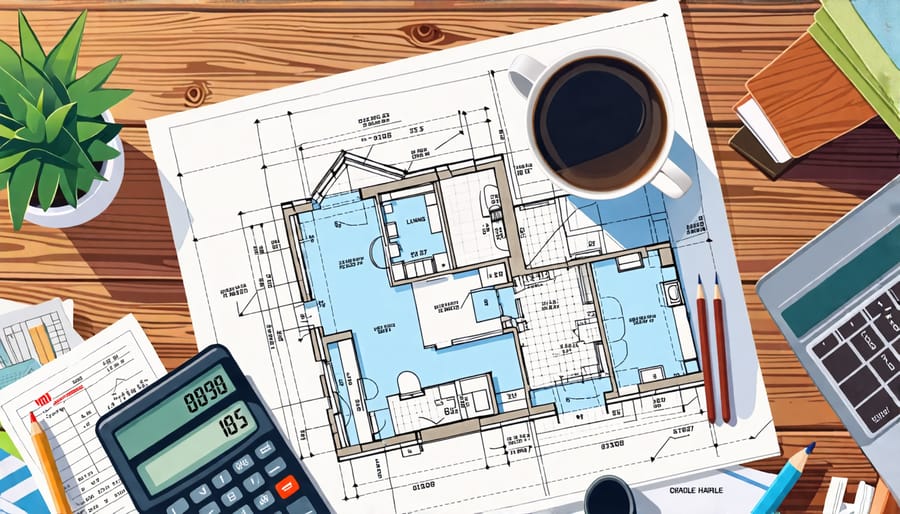 A workspace showing architectural blueprints, sample materials, and a calculator, symbolizing professional home renovation planning.