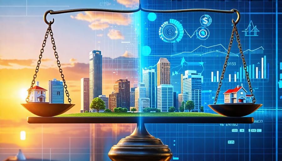 "A scale balancing an urban skyline and rural landscape, surrounded by financial indicators, representing a 5-year housing market forecast."