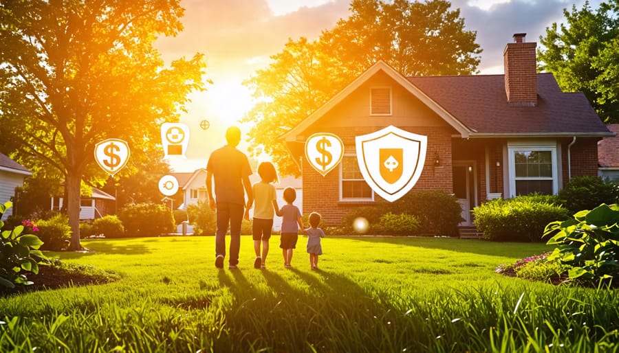 "A family stands proudly in front of their home, with a translucent silhouette of a parent in the background, symbolizing the protective nature and importance of life insurance for homeowners."
