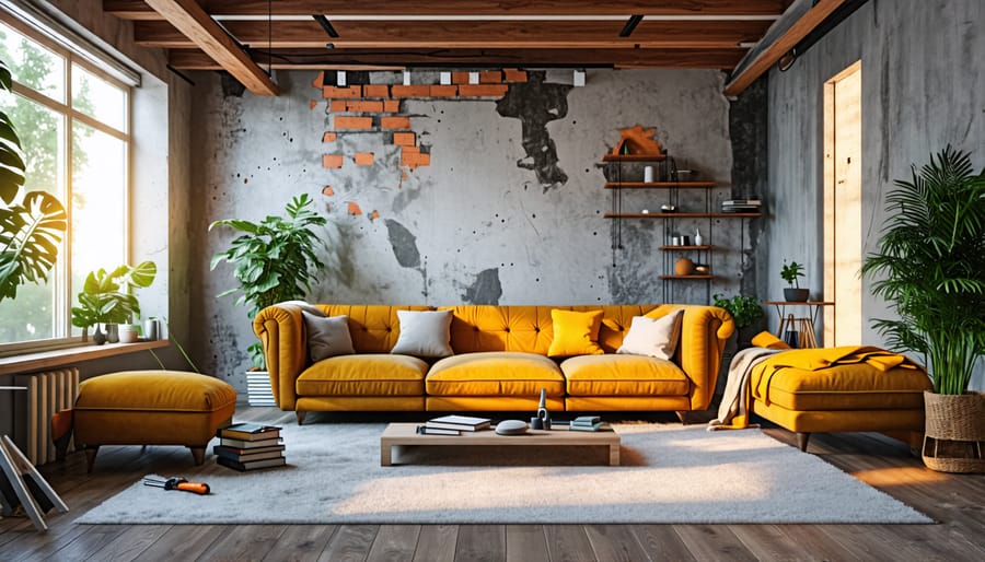 Living room under renovation with construction tools and exposed walls