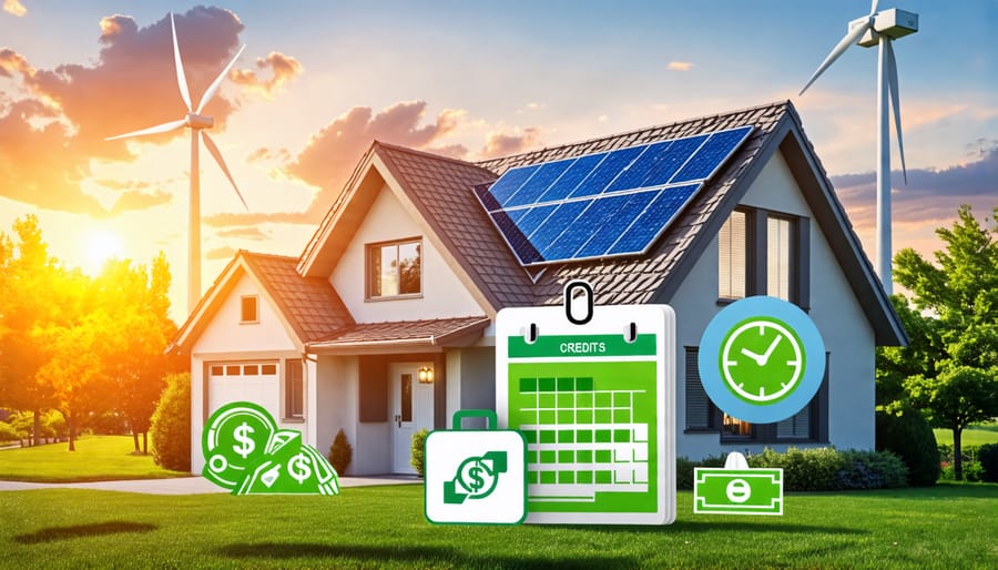Suburban home with solar panels and energy-efficient windows surrounded by financial symbols representing tax credits, including a calendar and dollar bills, highlighting energy efficiency and savings for homeowners.