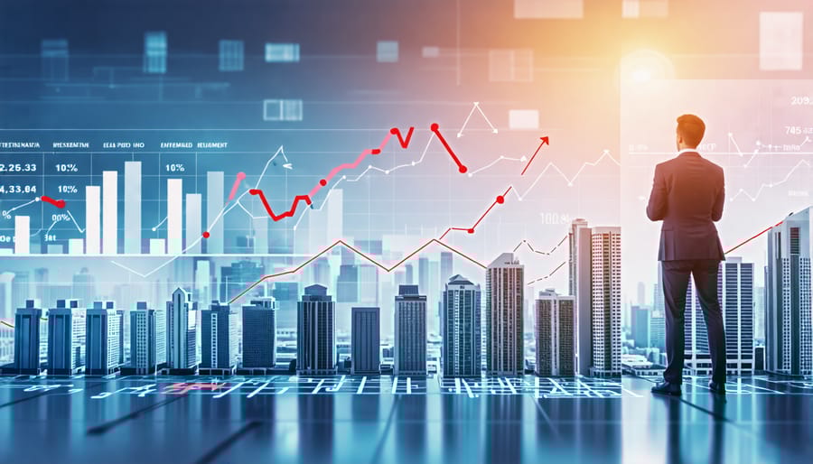 A businessman standing confidently with miniature buildings and financial charts, representing real estate investment management as a gateway to wealth.
