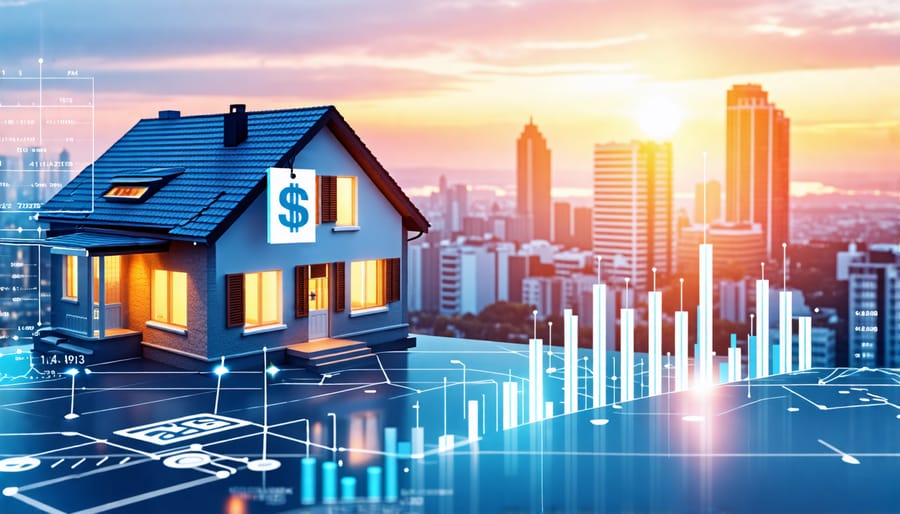 Illustration of a residential house with a price tag reflecting sales tax inclusion, against a cityscape backdrop, symbolizing financial transparency and market trends in real estate transactions.