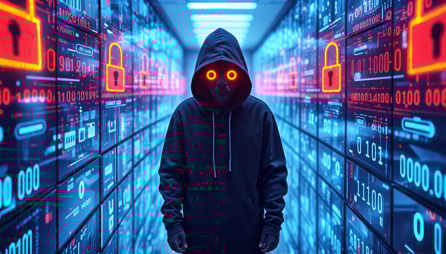 A hooded figure in darkness surrounded by digital screens of property listings, representing the cyber threats faced by the real estate industry.