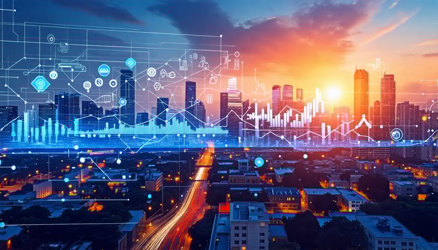 A city skyline with digital data overlays and AI symbols, representing the integration of technology in real estate investment strategies.