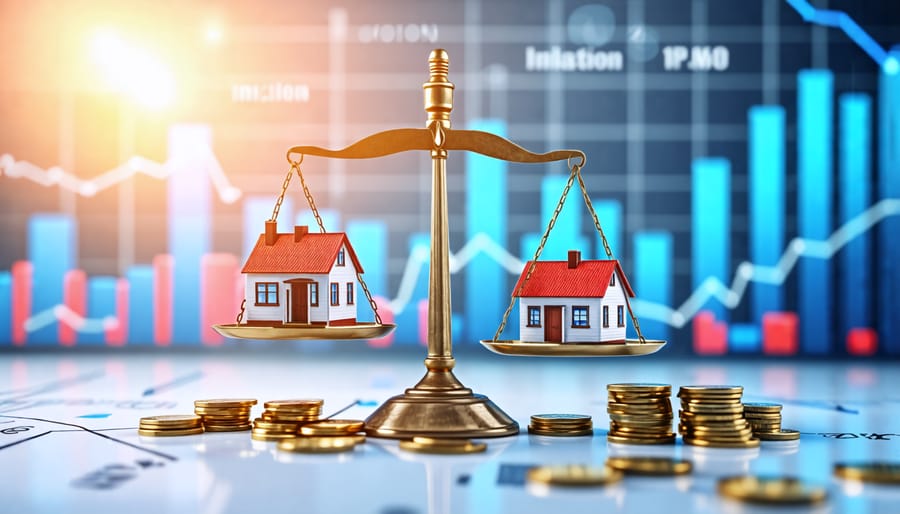 "A conceptual balance scale showing real estate represented by a house symbol and inflation depicted by rising coins and CPI charts, illustrating the consideration of real estate as an inflation hedge."