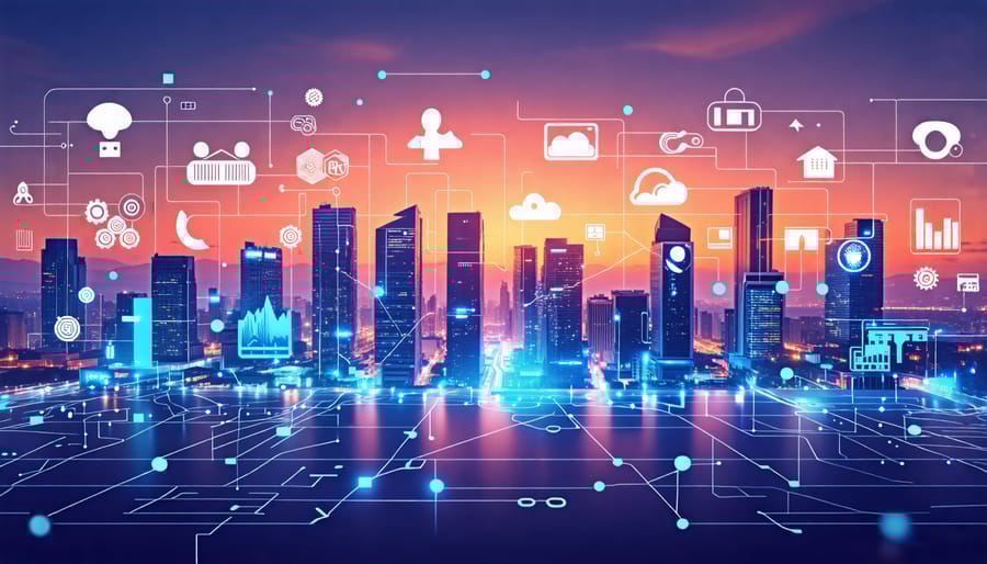 Futuristic cityscape illustrating the integration of virtual reality, blockchain, artificial intelligence, and IoT smart home devices in the real estate industry.