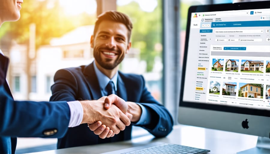 Realtor and client handshake in front of computer displaying AI-powered property recommendations