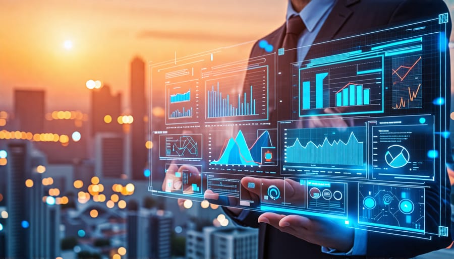 A real estate professional working remotely using digital tools and virtual interfaces to manage property listings and transactions.