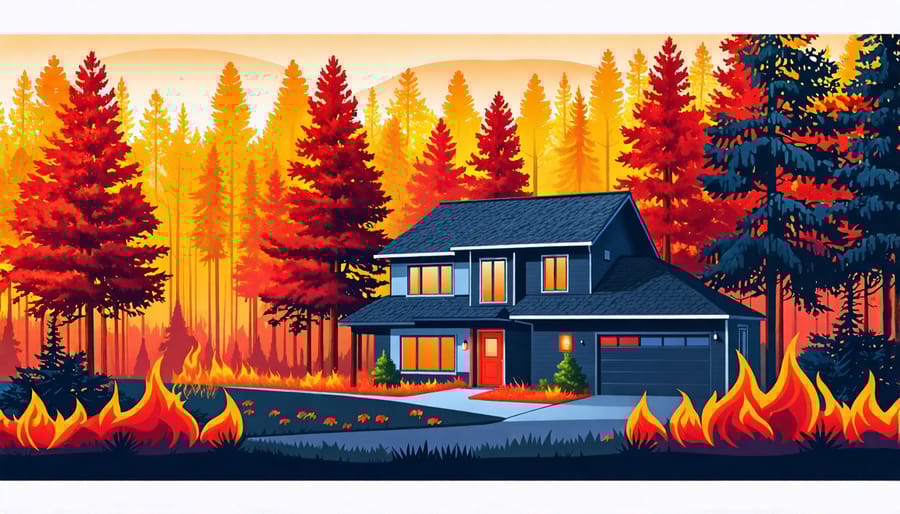 Conceptual illustration of a house in a wildfire-prone area with defensible space and insurance icons.