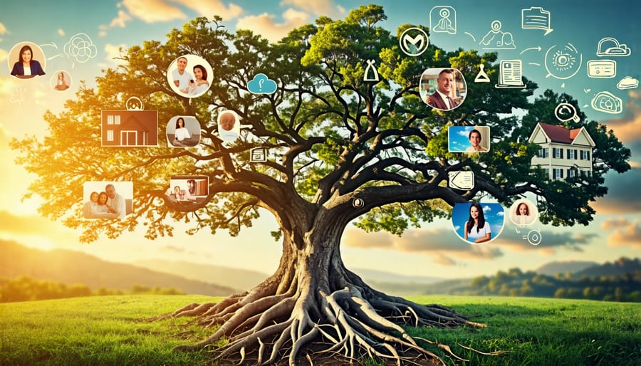 Conceptual illustration of an oak tree representing a strong estate plan, with roots entwined with assets and branches reaching towards family and beneficiaries.