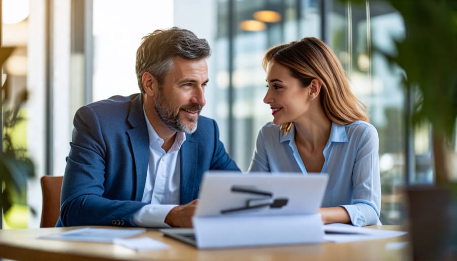 Self-employed man and woman discussing home loan options with a professional