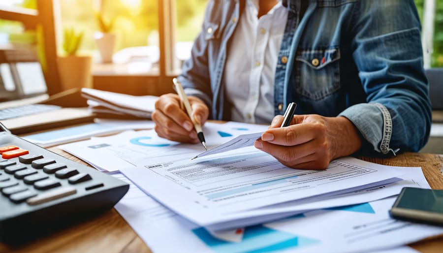 Self-employed individual sorting through financial papers and tax forms
