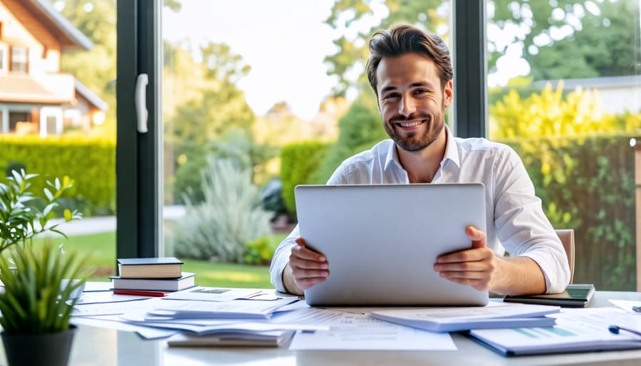 A self-employed person at a desk in a home office, organizing financial documents and viewing loan approval on a laptop, with a peaceful backyard visible through a window, representing achievement in securing a home loan.