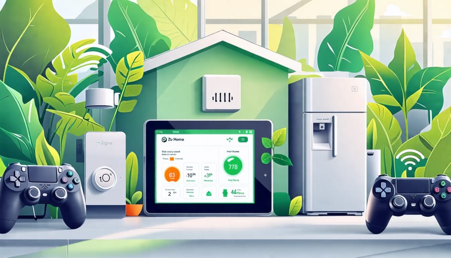 A digital illustration depicting a smart home with various appliances and devices, including a refrigerator, gaming setup, and electric water heater, all connected to a central Zigbee home energy monitor displayed on a tablet screen, surrounded by green eco-friendly symbols.
