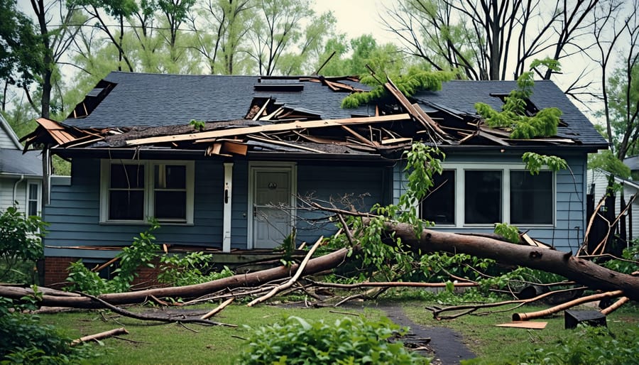Storm damage to a residential home with a hole in the roof and a tree fallen on the house