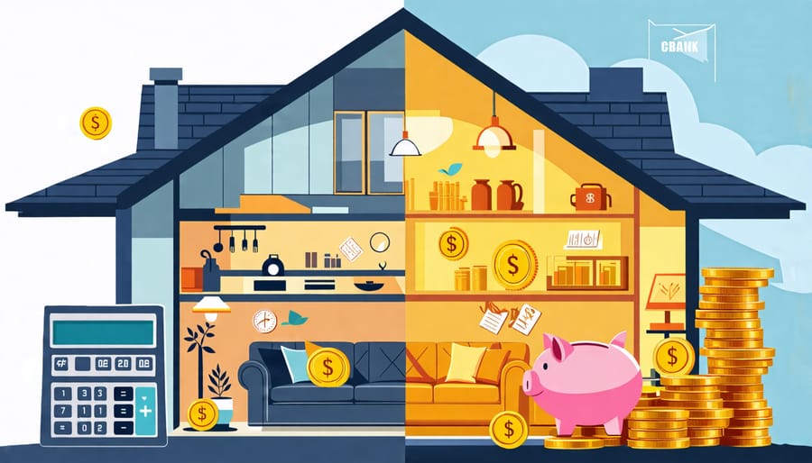 Illustration depicting a modern home with renovated interiors alongside symbols of financial planning, representing the responsible use of home equity.