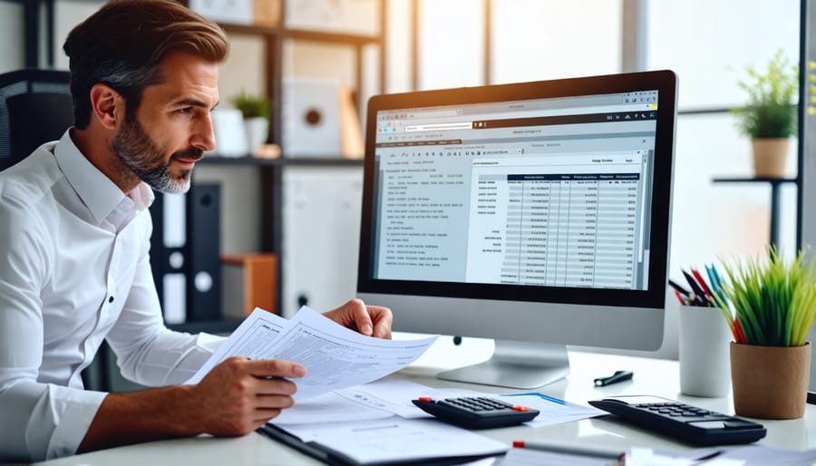 Real estate professional organizing tax documents at a desk, featuring files, calculators, and a computer with tax software.