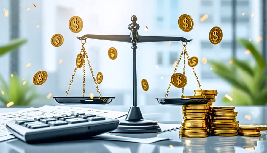 A balanced scale depicting tax forms and a calculator on one side and a pile of cash on the other, representing the comparison between tax credits and deductions.