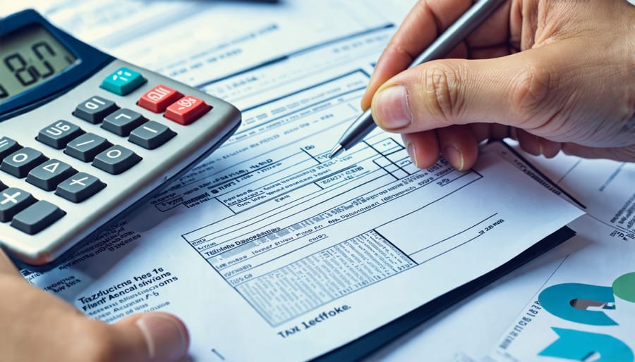 A conceptual illustration of a financial advisor balancing a calculator and a tax document, symbolizing the potential tax deductions of financial advisor fees.