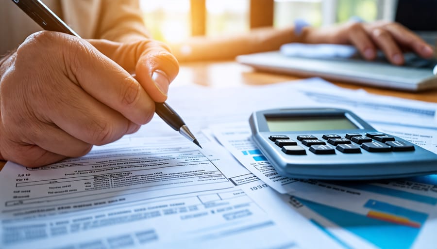 Hands holding a pen and calculator while completing tax paperwork