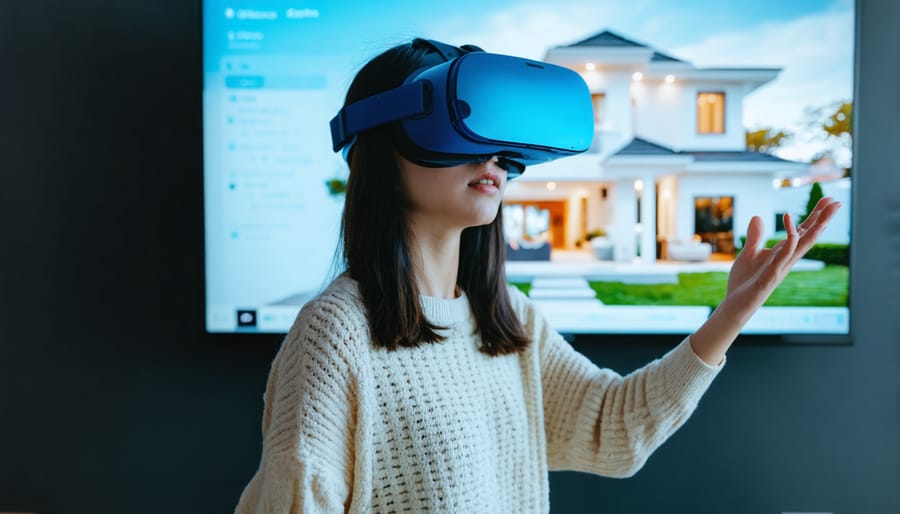 User immersed in a virtual reality 3D home tour experience