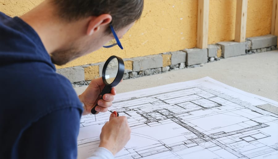 Person using magnifying glass to examine house foundation during inspection