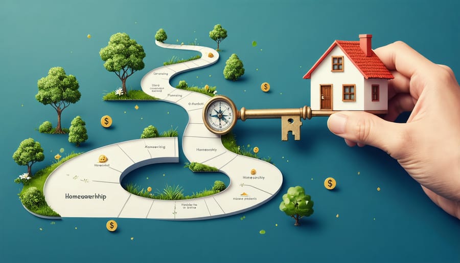 Illustration of a path transforming into a key, symbolizing the journey to homeownership with miniature houses, dollar signs, and compass symbols.