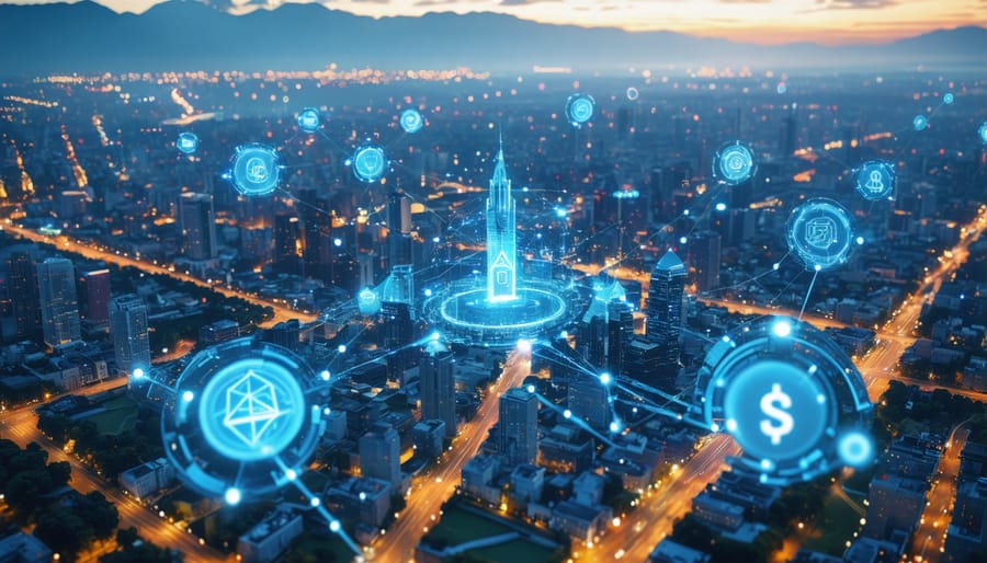 A futuristic cityscape blending real estate structures with blockchain symbols, representing the integration of blockchain technology in real estate finance.