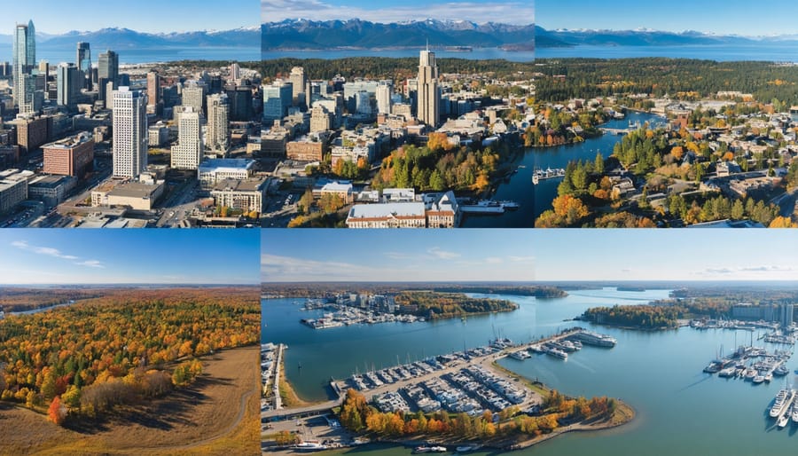 "A composite image illustrating Canada's diverse living environments, featuring Toronto's dynamic skyline, Vancouver's stunning coastal mountains, Montreal's autumn beauty, Calgary's cultural vibrance, and Halifax's maritime charm."