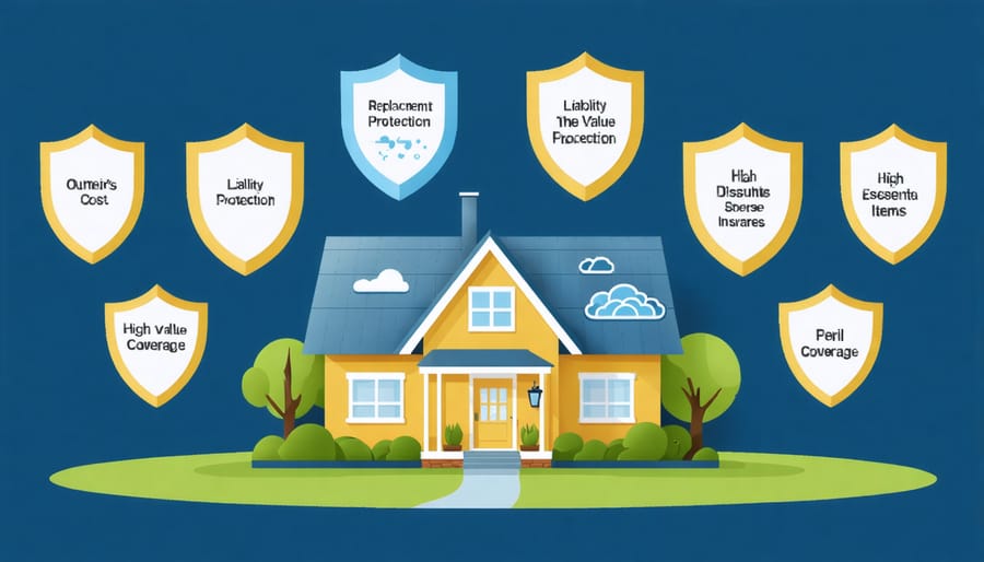 A cozy home surrounded by shields labeled with insurance coverage elements such as Replacement Cost, Liability Protection, High-Value Items, Discounts, and Peril Coverage, set against a backdrop of weather elements.